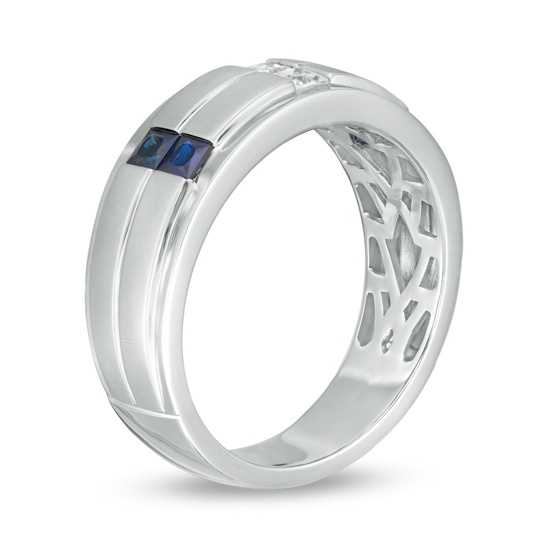 Main Image 3 of Vera Wang Love Collection Men's 1/4 CT. T.W. Square-Cut Diamond and Blue Sapphire Wedding Band in 14K White Gold