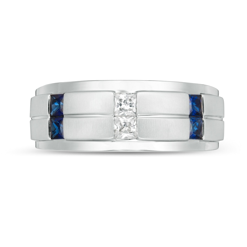 Main Image 4 of Vera Wang Love Collection Men's 1/4 CT. T.W. Square-Cut Diamond and Blue Sapphire Wedding Band in 14K White Gold