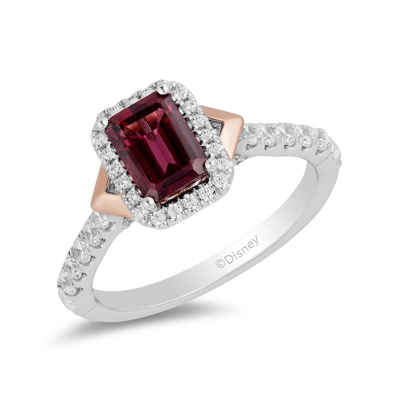 Main Image 1 of Enchanted Disney Mulan Emerald-Cut Rhodolite Garnet and 1/2 CT. T.W. Diamond Frame Engagement Ring in 14K Two-Tone Gold