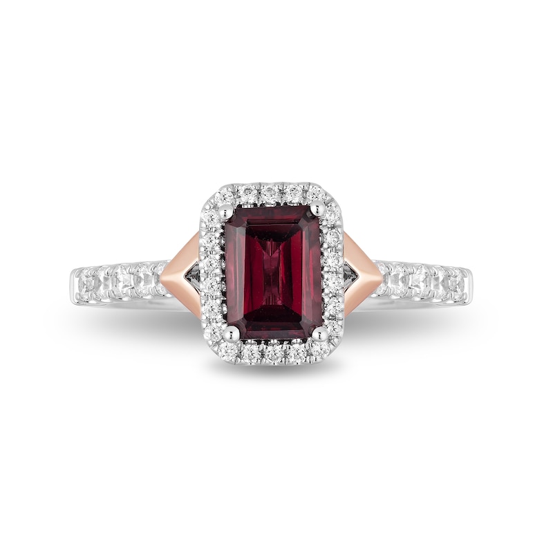 Main Image 3 of Enchanted Disney Mulan Emerald-Cut Rhodolite Garnet and 1/2 CT. T.W. Diamond Frame Engagement Ring in 14K Two-Tone Gold