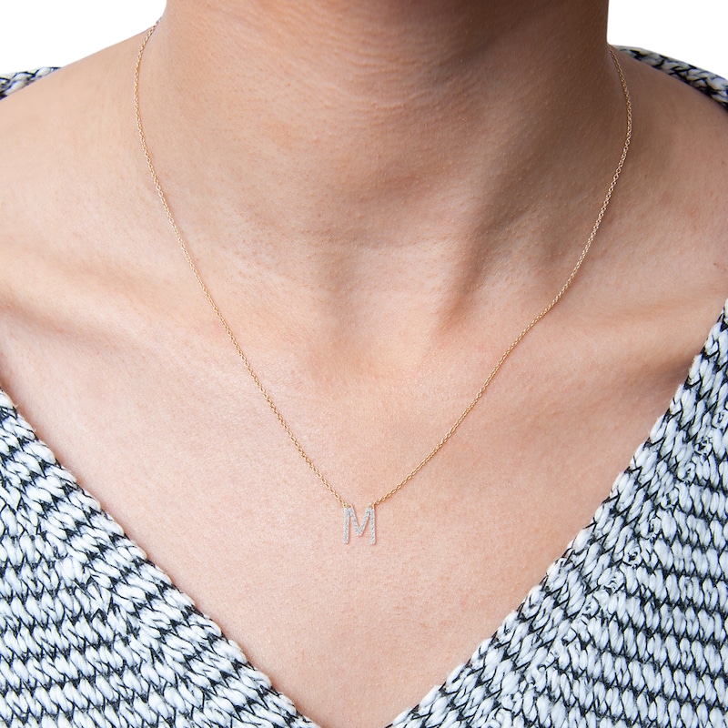 Main Image 2 of 1/10 CT. T.W. Diamond "M" Initial Necklace in 10K Gold - 17"