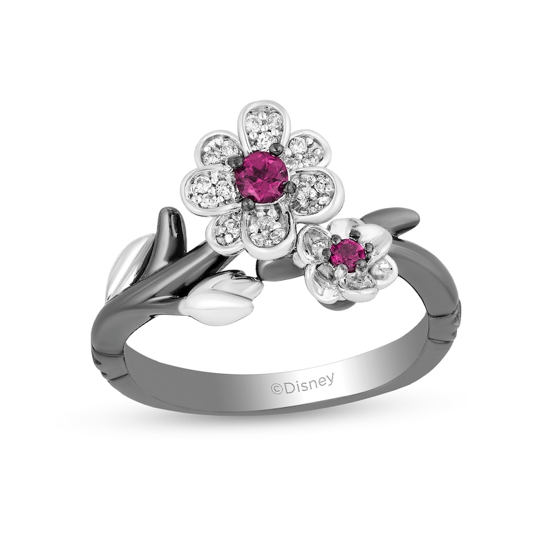 Enchanted Disney Mulan Live Action Rhodolite Garnet and 1/10 CT. T.W. Diamond Flower Ring in Sterling Silver