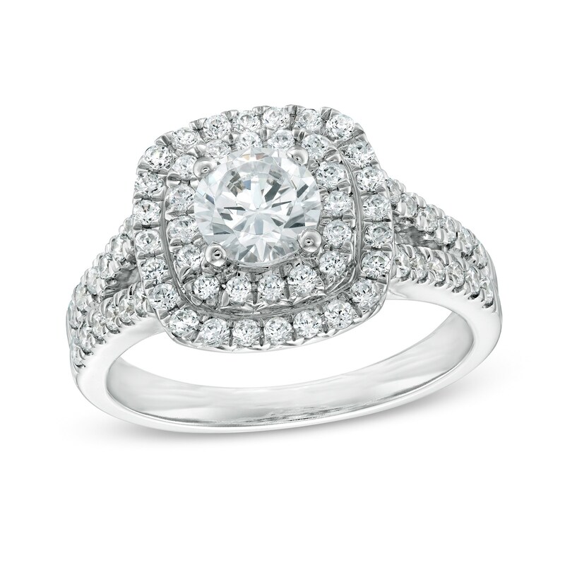 Main Image 1 of Celebration Ideal 1-1/2 CT. T.W. Certified Diamond Double Cushion Frame Engagement Ring in 14K White Gold (I/I1)