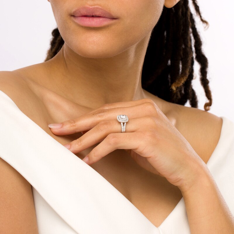 Main Image 2 of Celebration Ideal 1-1/2 CT. T.W. Certified Diamond Double Cushion Frame Engagement Ring in 14K White Gold (I/I1)