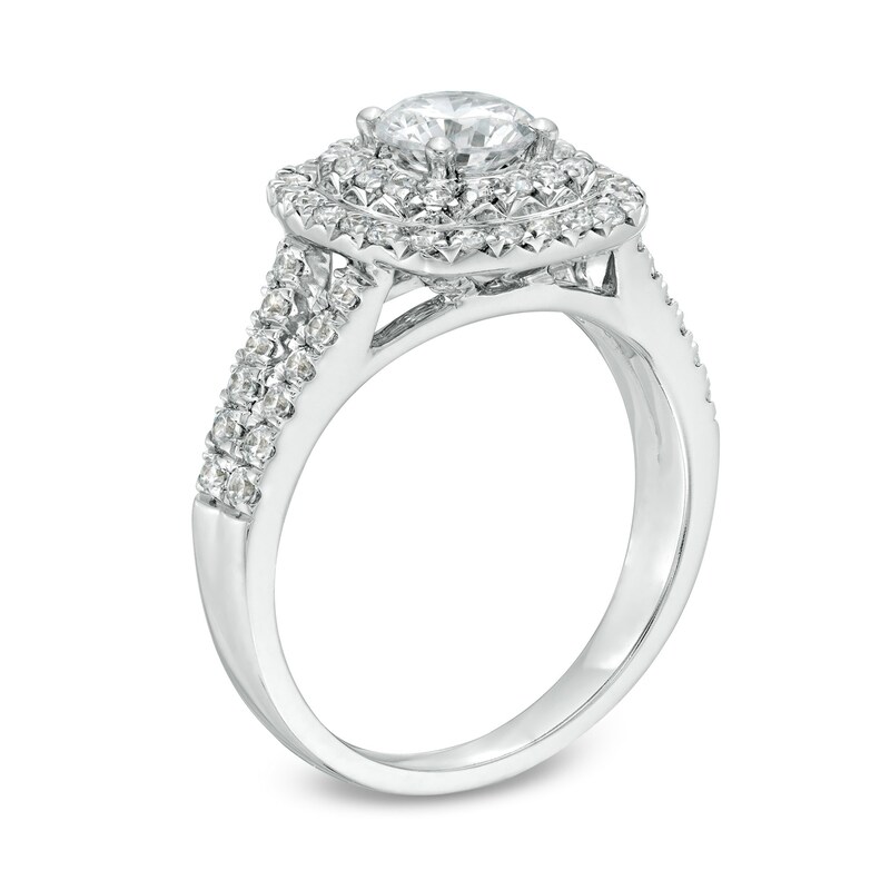Main Image 3 of Celebration Ideal 1-1/2 CT. T.W. Certified Diamond Double Cushion Frame Engagement Ring in 14K White Gold (I/I1)