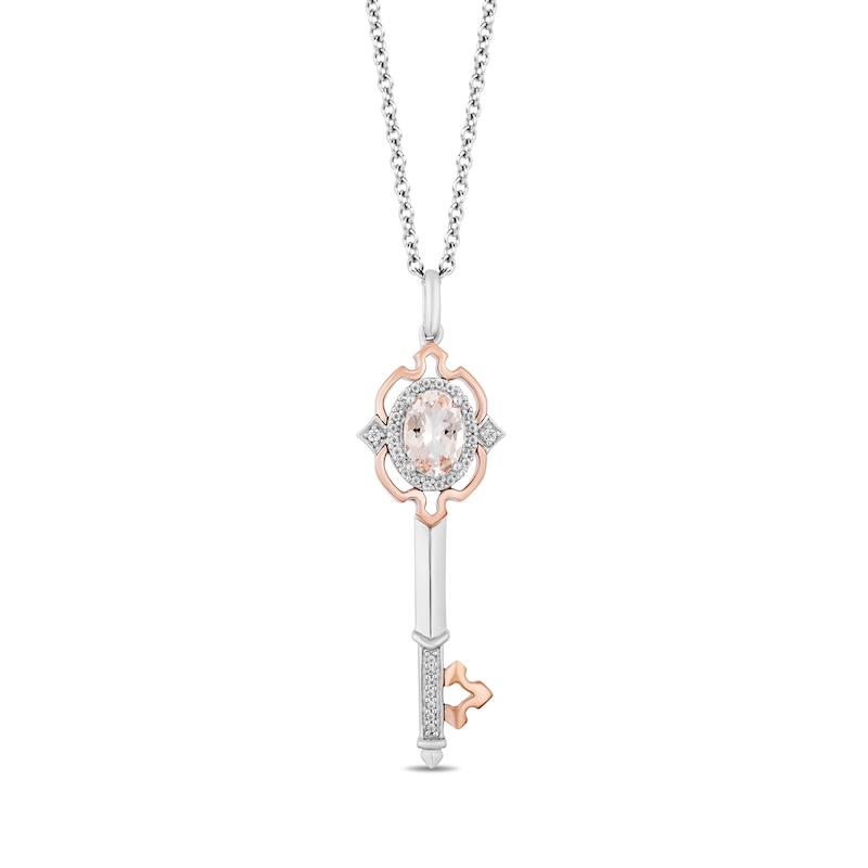 Enchanted Disney Aurora Oval Morganite and 1/10 CT. T.W. Diamond Key Pendant in Sterling Silver and 10K Rose Gold - 19"