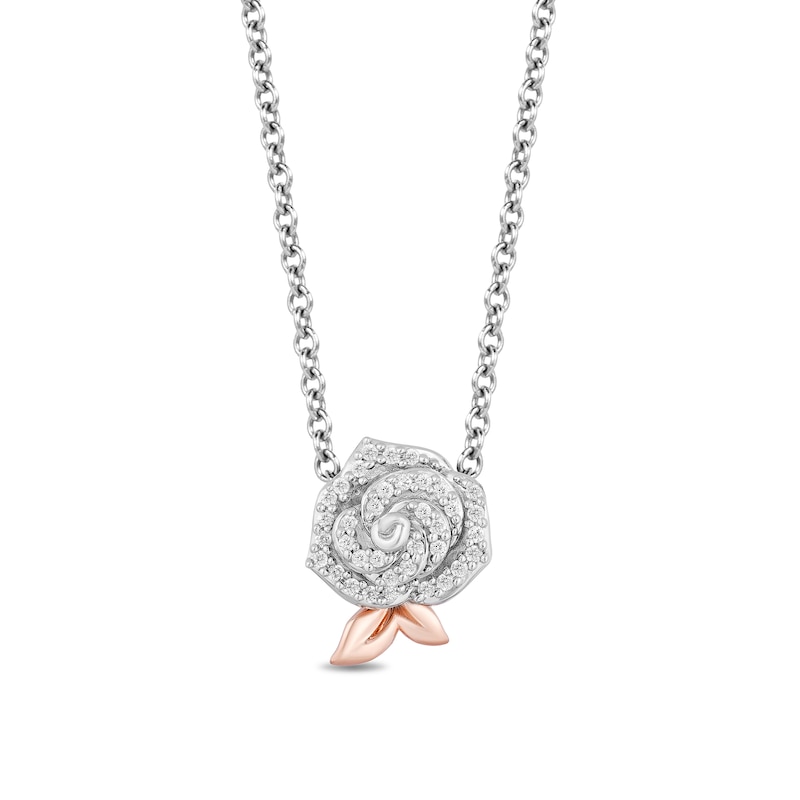 Enchanted Disney Belle 1/6 CT. T.W. Diamond Rose Necklace in Sterling Silver and 10K Rose Gold