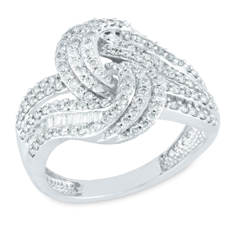 1 CT. T.W. Baguette and Round Diamond Love Knot Ring in 10K White Gold