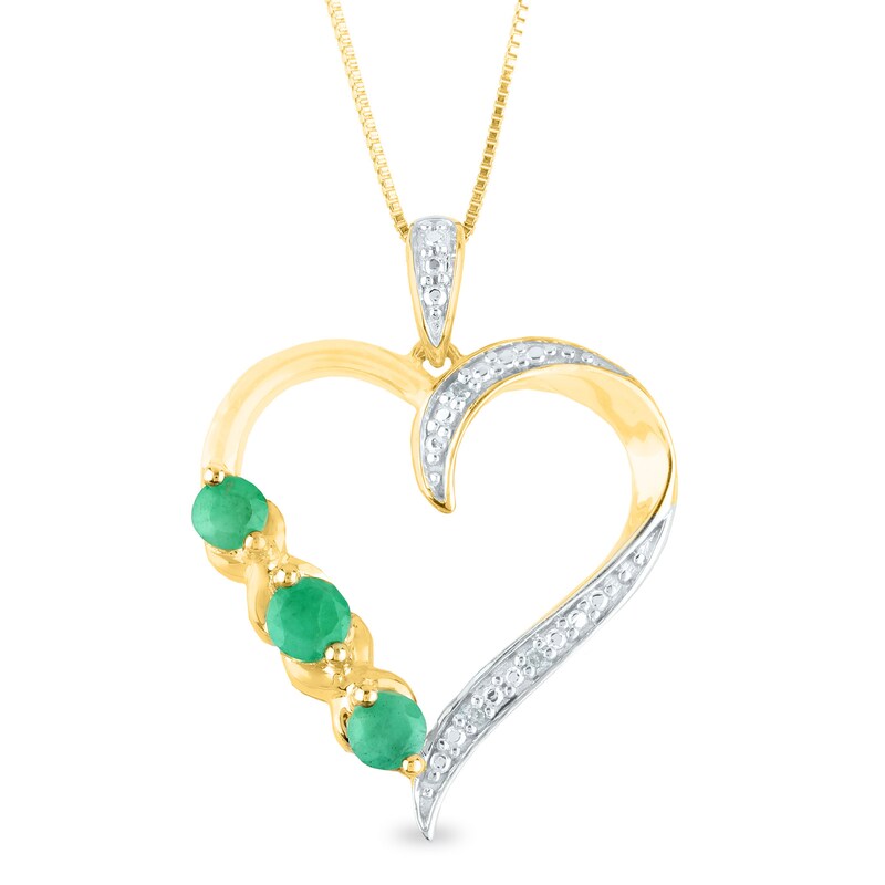 Main Image 1 of Emerald and Diamond Accent Beaded Three Stone &quot;XO&quot; Heart Pendant in 10K Gold