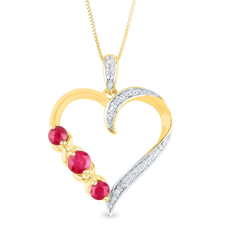 Main Image 1 of Ruby and Diamond Accent Beaded Three Stone "XO" Heart Pendant in 10K Gold