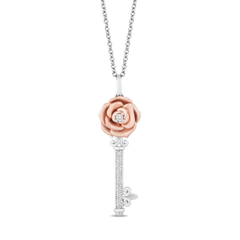 Main Image 1 of Enchanted Disney Belle 1/10 CT. T.W. Diamond Rose-Top Key Pendant in Sterling Silver and 10K Rose Gold - 19"