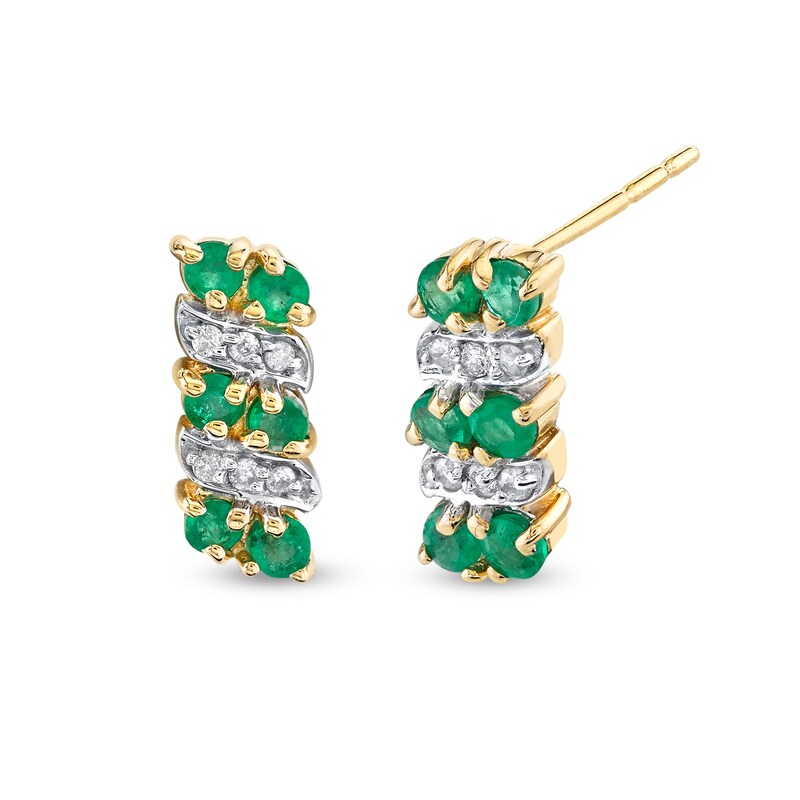 Emerald and 1/20 CT. T.W. Diamond Swirl Slant Double Row Drop Earrings in 14K Gold