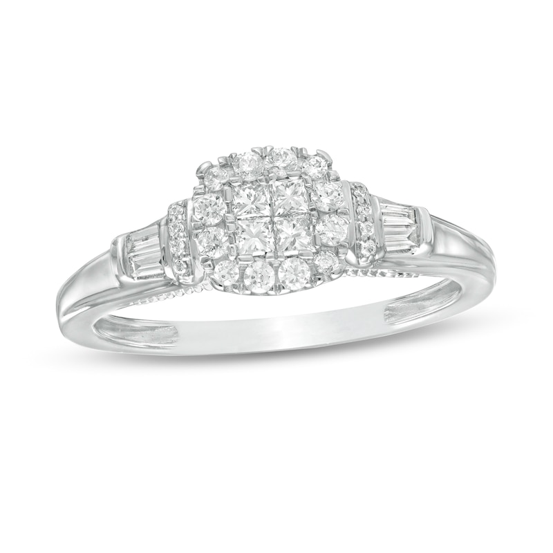 Main Image 1 of Cherished Promise Collection™ 1/3 CT. T.W. Princess-Cut Quad Diamond Cushion Frame Promise Ring in 10K White Gold