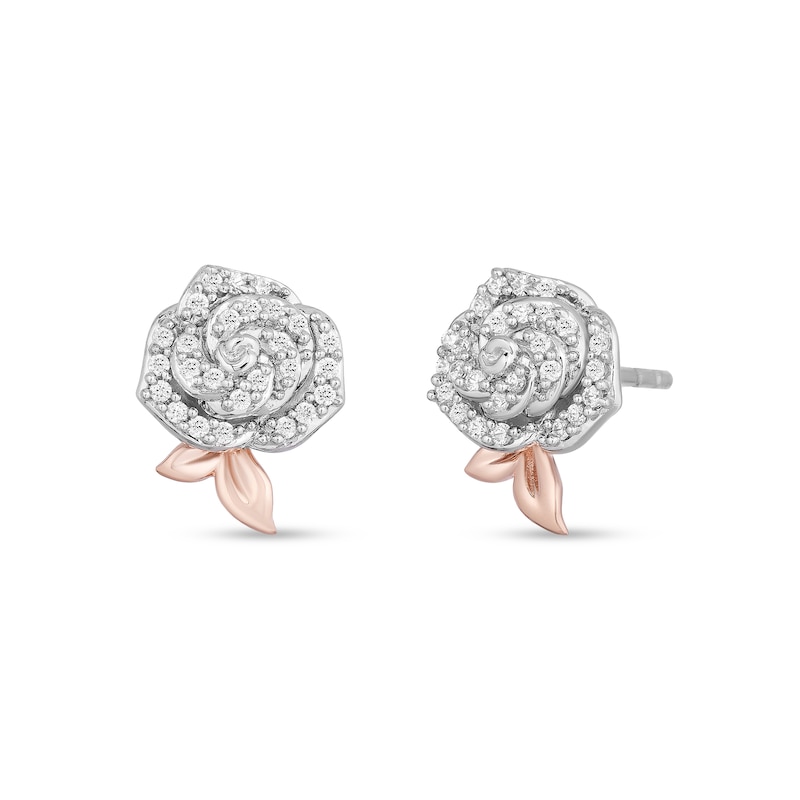 Main Image 1 of Enchanted Disney Belle 1/5 CT. T.W. Diamond Rose Stud Earrings in Sterling Silver and 10K Rose Gold