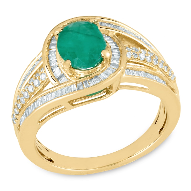 Main Image 1 of Oval Emerald and 1/2 CT. T.W. Diamond Bypass Frame Multi-Row Split Shank Ring in 14K Gold