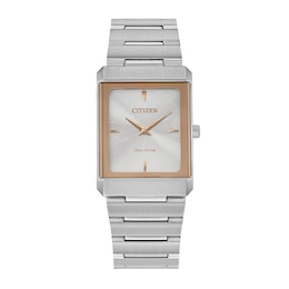 Citizen Eco-Drive® Stiletto Two-Tone Watch with Rectangular Silver-Tone Dial (Model: EG6016-58A)
