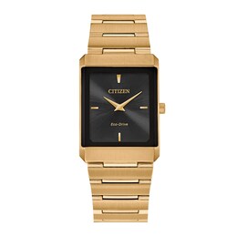 Citizen Eco-Drive® Stiletto Gold-Tone Watch with Rectangular Black Dial (Model: EG6012-59E)