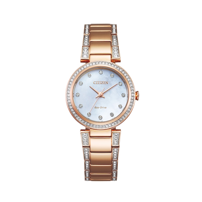 Ladies\' Citizen Eco-Drive® Crystal Accent Rose-Tone Watch with Mother-of- Pearl Dial (Model: EM0843-51D) | Zales Outlet