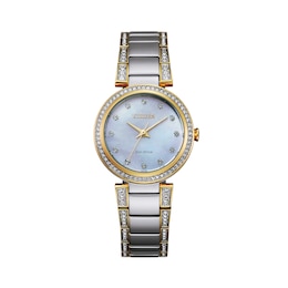 Ladies' Citizen Eco-Drive® Crystal Accent Two-Tone Watch with Mother-of-Pearl Dial (Model: EM0844-58D)