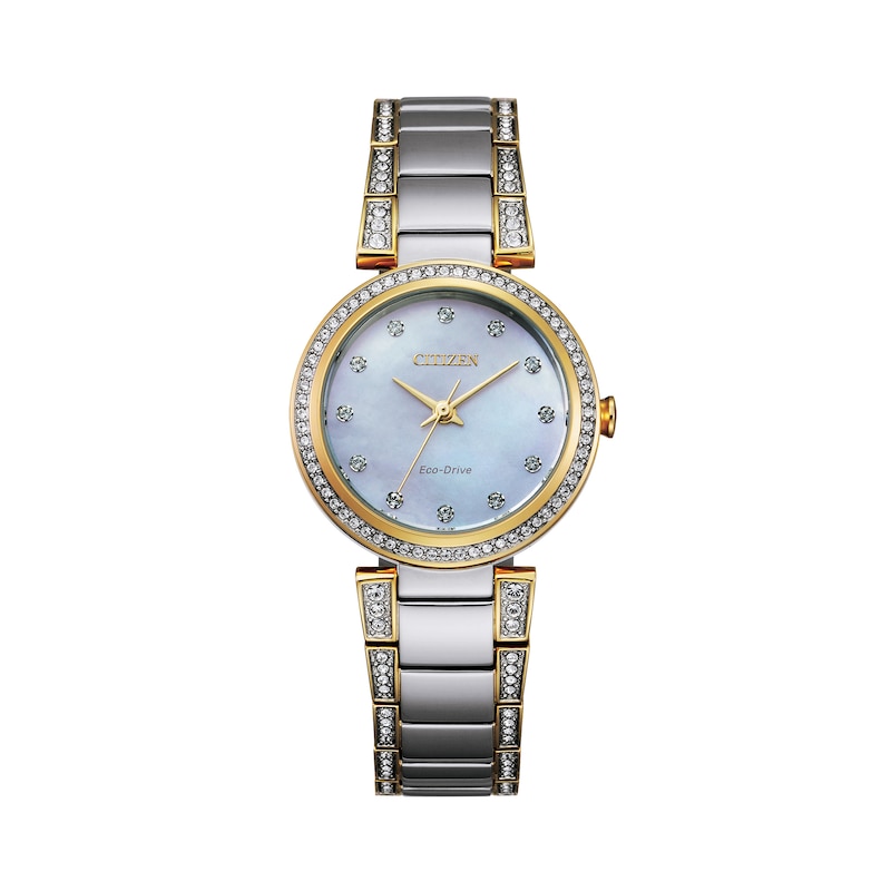 Ladies' Citizen Eco-Drive® Crystal Accent Two-Tone Watch with Mother-of-Pearl Dial (Model: EM0844-58D)