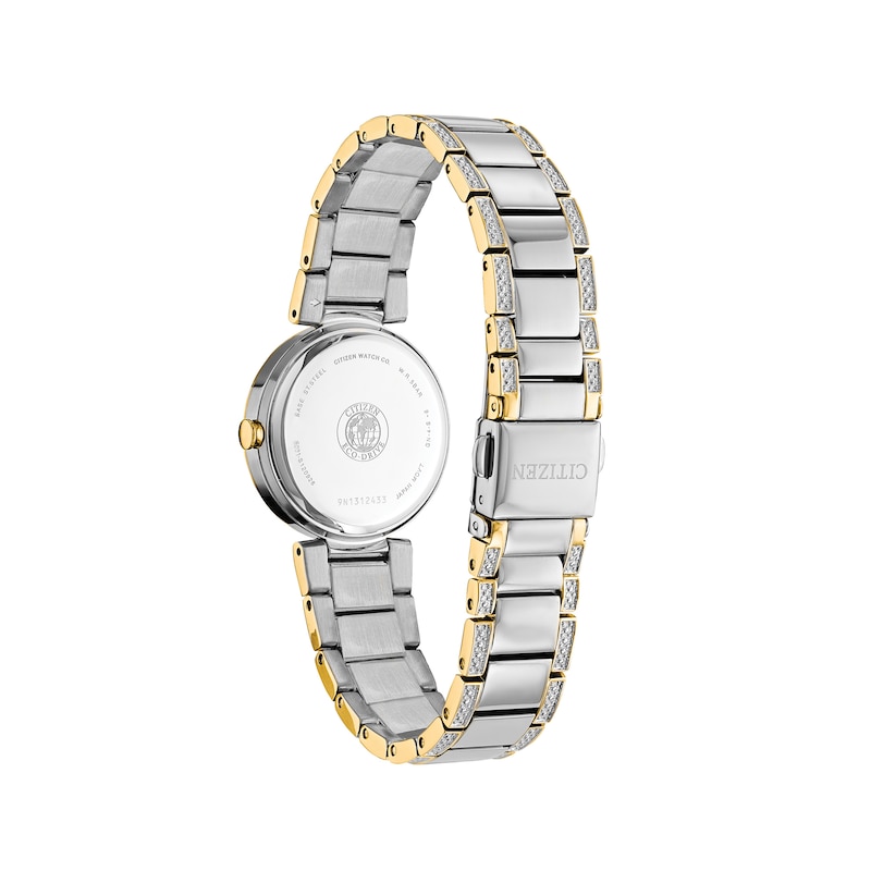 Ladies' Citizen Eco-Drive® Crystal Accent Two-Tone Watch with Mother-of-Pearl Dial (Model: EM0844-58D)