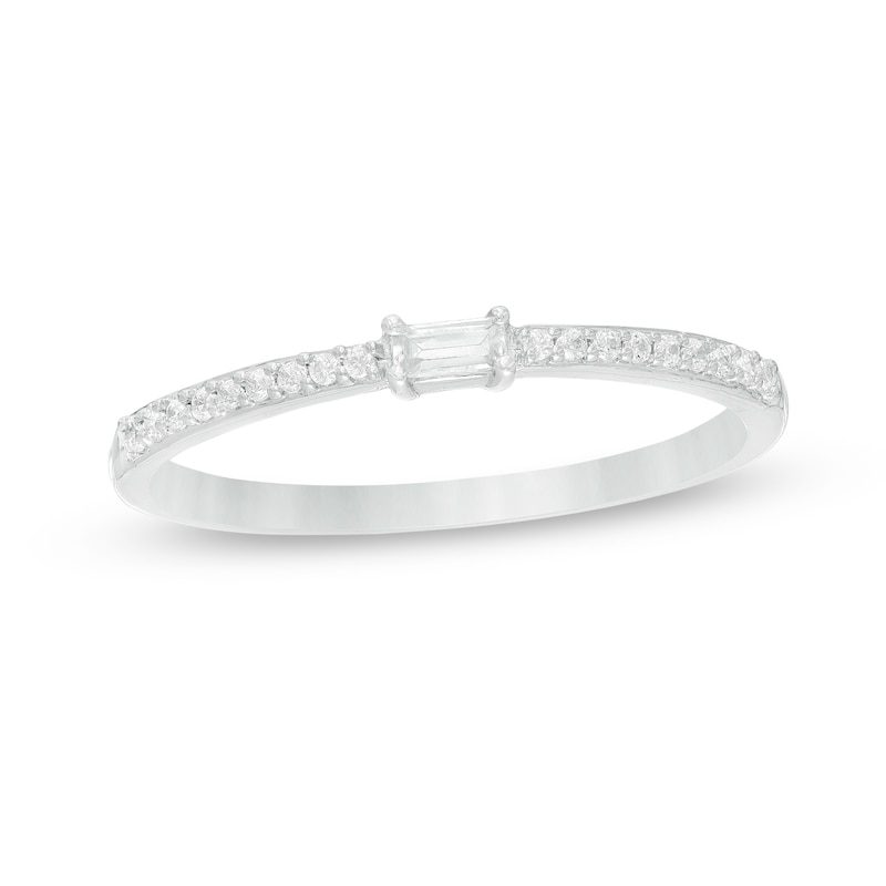 Main Image 1 of 1/8 CT. T.W. Sideways Baguette-Cut and Round Diamond Promise Ring in 10K White Gold