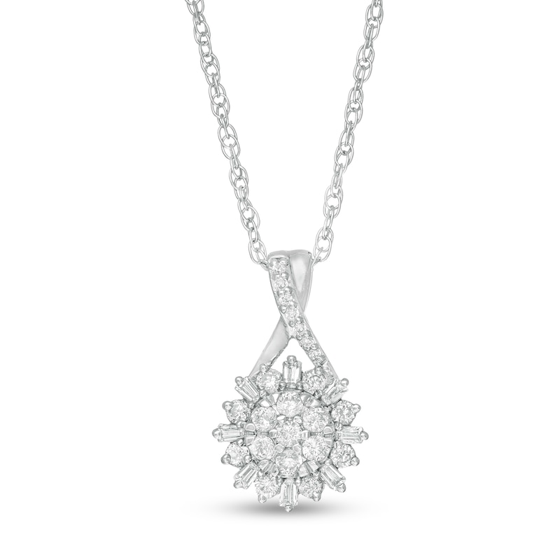 Main Image 1 of 1/4 CT. T.W. Baguette-Cut and Round Diamond Sunflower Drop Pendant in Sterling Silver