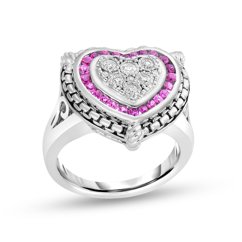 Main Image 1 of 1/6 CT. T.W. Diamond and Lab-Created Ruby Double Frame Heart Ring in Sterling Silver