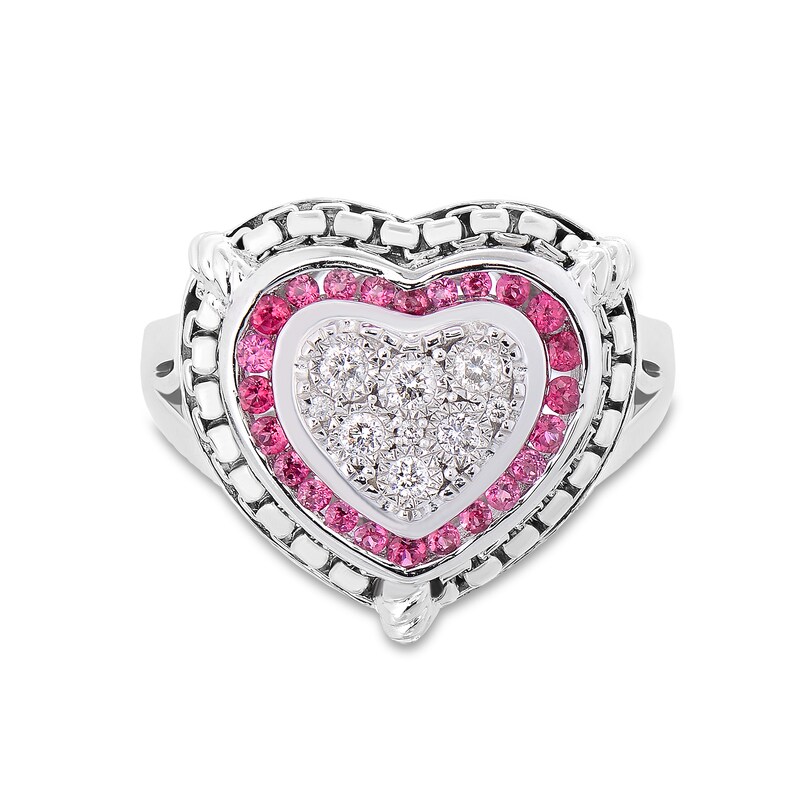 Main Image 2 of 1/6 CT. T.W. Diamond and Lab-Created Ruby Double Frame Heart Ring in Sterling Silver