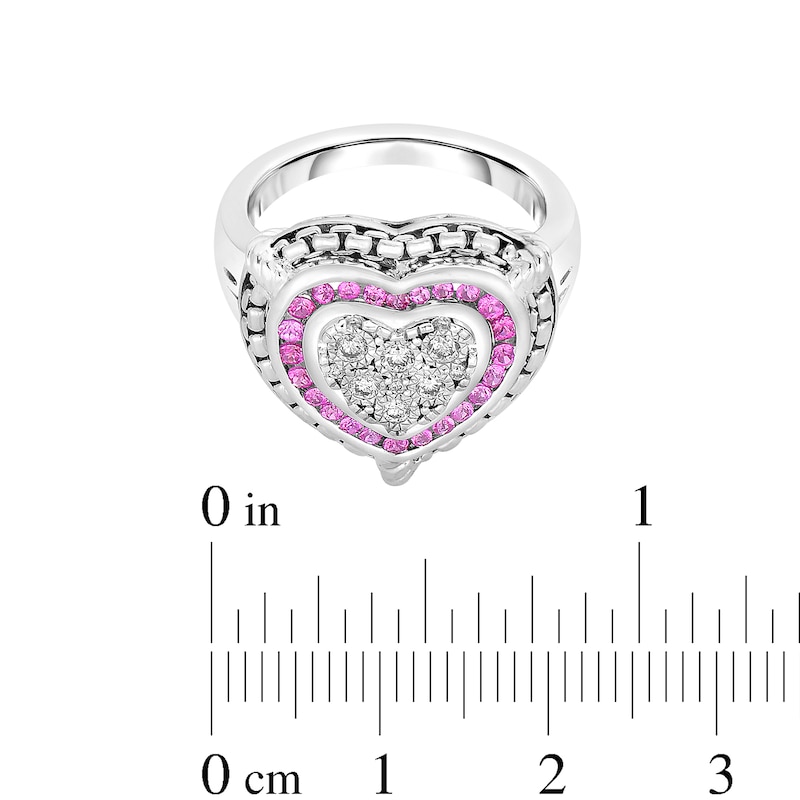 Main Image 3 of 1/6 CT. T.W. Diamond and Lab-Created Ruby Double Frame Heart Ring in Sterling Silver