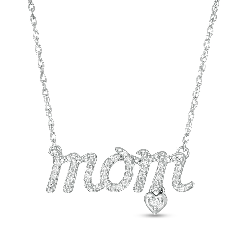 Main Image 1 of 1/10 CT. T.W. Diamond "mom" Script and Heart Dangle Necklace in Sterling Silver