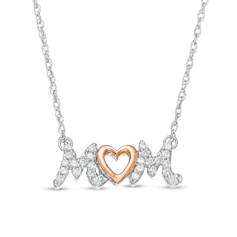Main Image 1 of 1/8 CT. T.W. Diamond "MOM" with Heart Necklace in Sterling Silver and 10K Rose Gold
