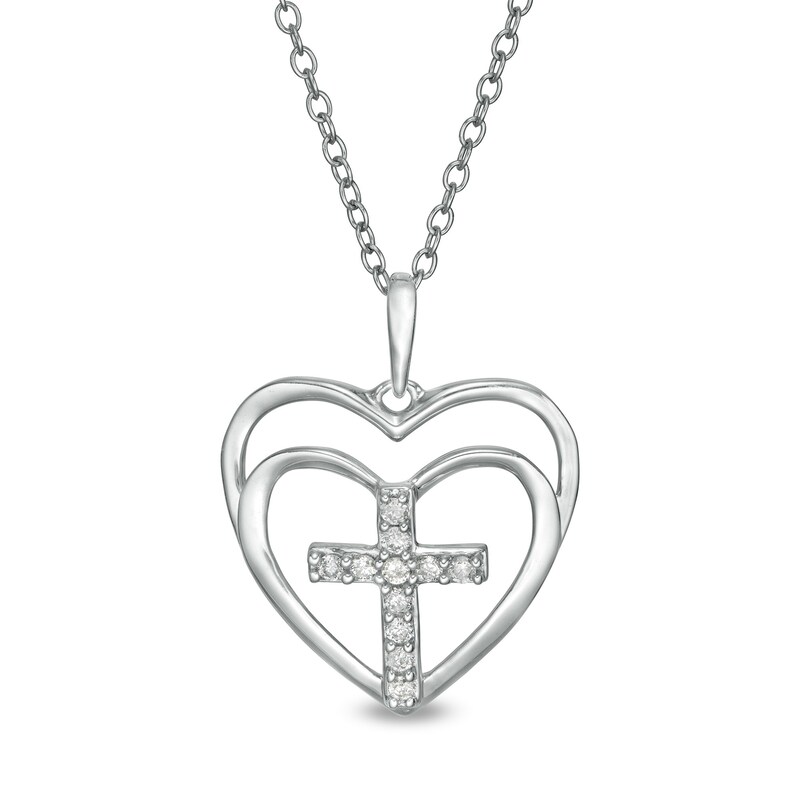 Main Image 1 of 1/10 CT. T.W. Diamond Cross in Double Hearts Pendant in Sterling Silver