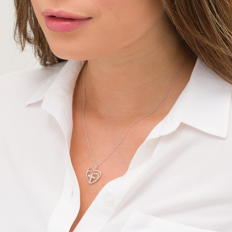 Main Image 2 of 1/10 CT. T.W. Diamond Cross in Double Hearts Pendant in Sterling Silver