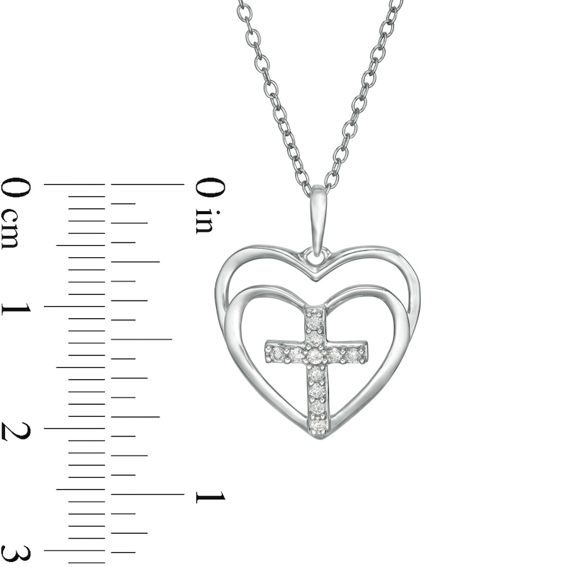 Main Image 3 of 1/10 CT. T.W. Diamond Cross in Double Hearts Pendant in Sterling Silver
