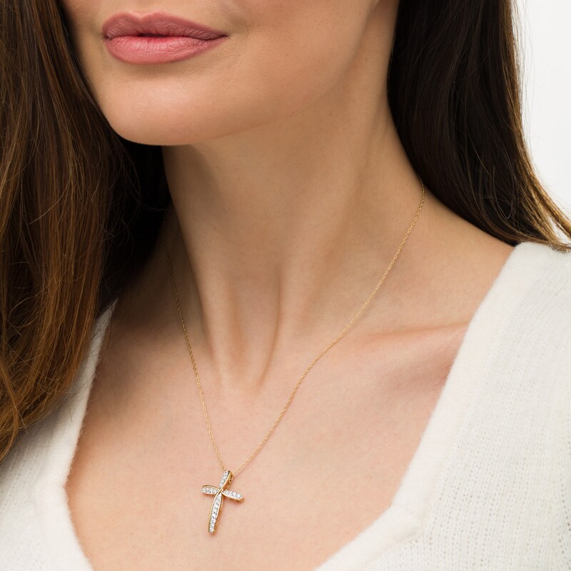 Main Image 2 of 1/2 CT. T.W. Diamond Wavy Cross Pendant in 10K Gold