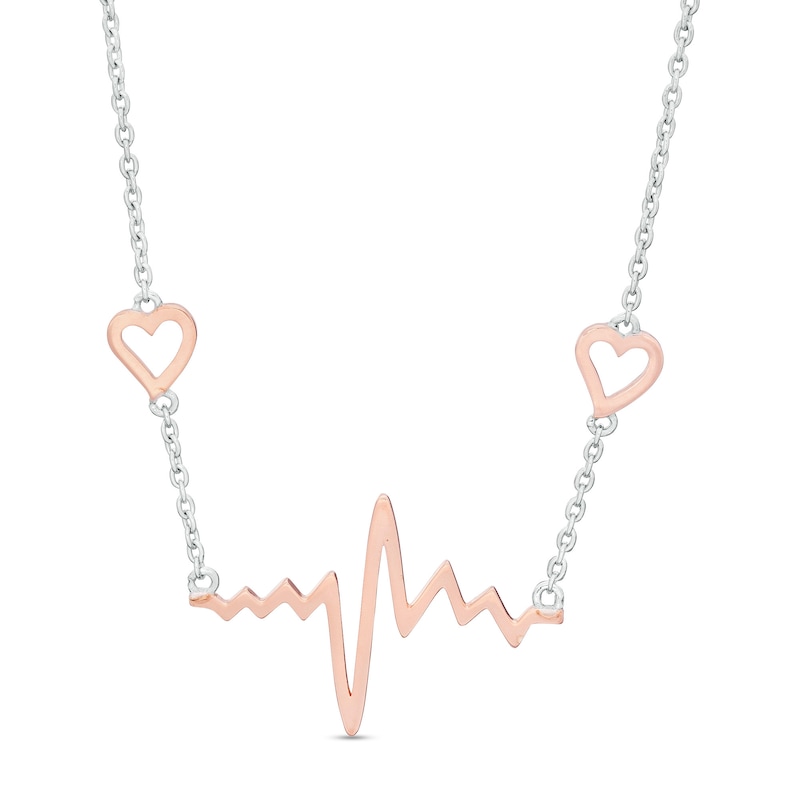 Double Heart and Heartbeat Necklace in Sterling Silver and Rose Gold Flash