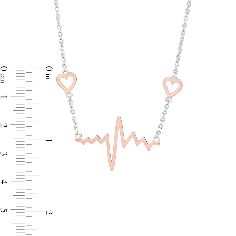 Double Heart and Heartbeat Necklace in Sterling Silver and Rose Gold Flash