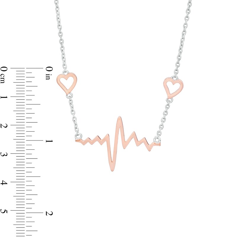 Double Heart and Heartbeat Necklace in Sterling Silver and Rose Gold Flash