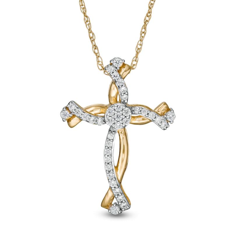 Main Image 1 of 1/3 CT. T.W. Diamond Swirl Cross Pendant in 10K Gold