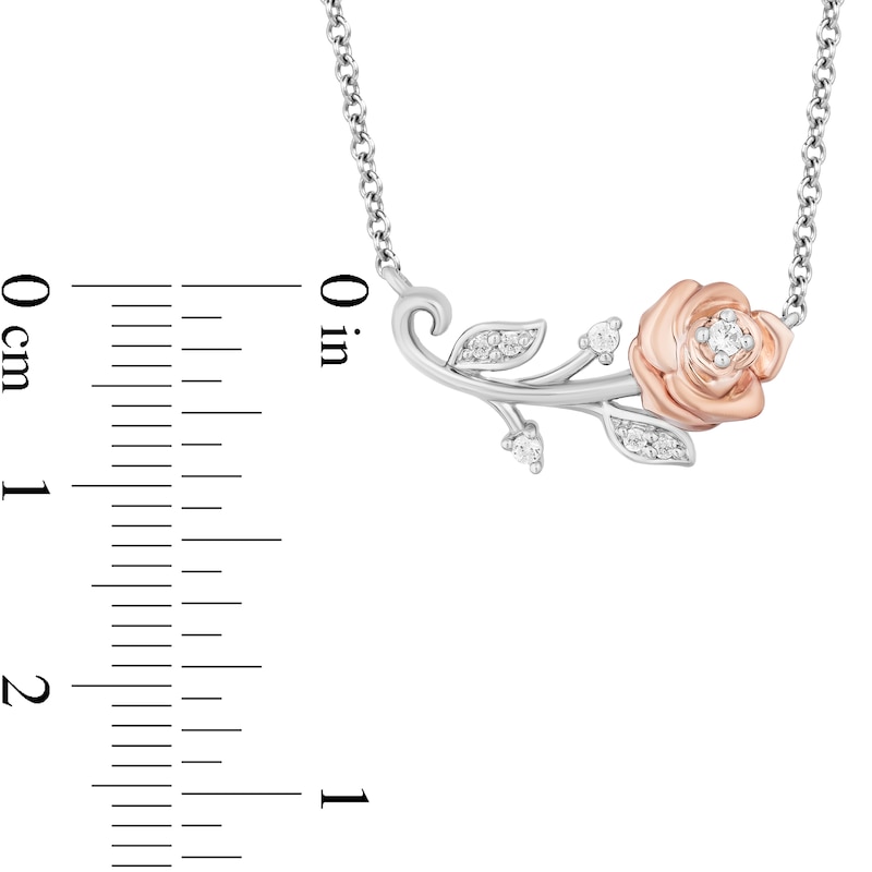 Main Image 3 of Enchanted Disney Belle 1/10 CT. T.W. Diamond Single Stem Rose Necklace in Sterling Silver and 10K Rose Gold