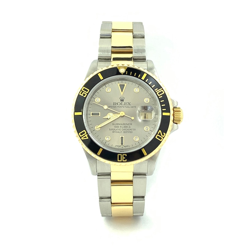 Main Image 1 of Previously Owned - Men's Rolex Submariner 1/15 CT. T.W. Diamond Two-Tone 18K Gold Watch with Silver-Tone Serti Dial