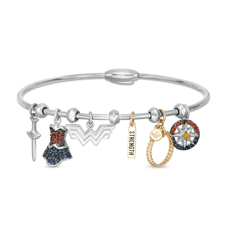 Main Image 1 of Wonder Woman™ Collection Multi-Gemstone Charm Bangle Bracelet in Sterling Silver and 10K Gold