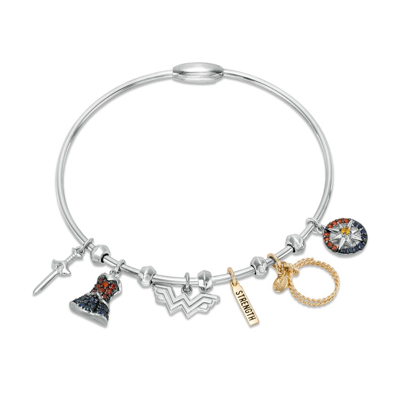 Main Image 3 of Wonder Woman™ Collection Multi-Gemstone Charm Bangle Bracelet in Sterling Silver and 10K Gold