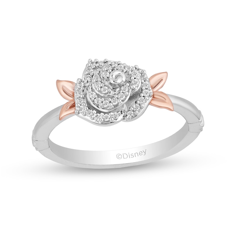 Main Image 1 of Enchanted Disney Belle 1/6 CT. T.W. Diamond Rose Leaf-Sides Ring in Sterling Silver and 10K Rose Gold