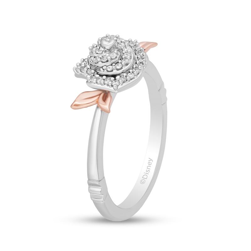 Main Image 2 of Enchanted Disney Belle 1/6 CT. T.W. Diamond Rose Leaf-Sides Ring in Sterling Silver and 10K Rose Gold