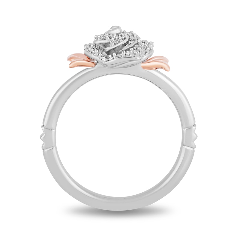 Main Image 3 of Enchanted Disney Belle 1/6 CT. T.W. Diamond Rose Leaf-Sides Ring in Sterling Silver and 10K Rose Gold