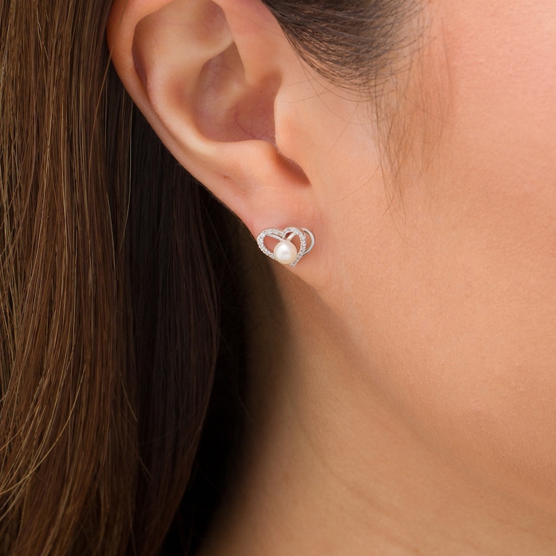 The Kindred Heart from Vera Wang Love Collection Cultured Freshwater Pearl and Diamond Stud Earrings in Sterling Silver