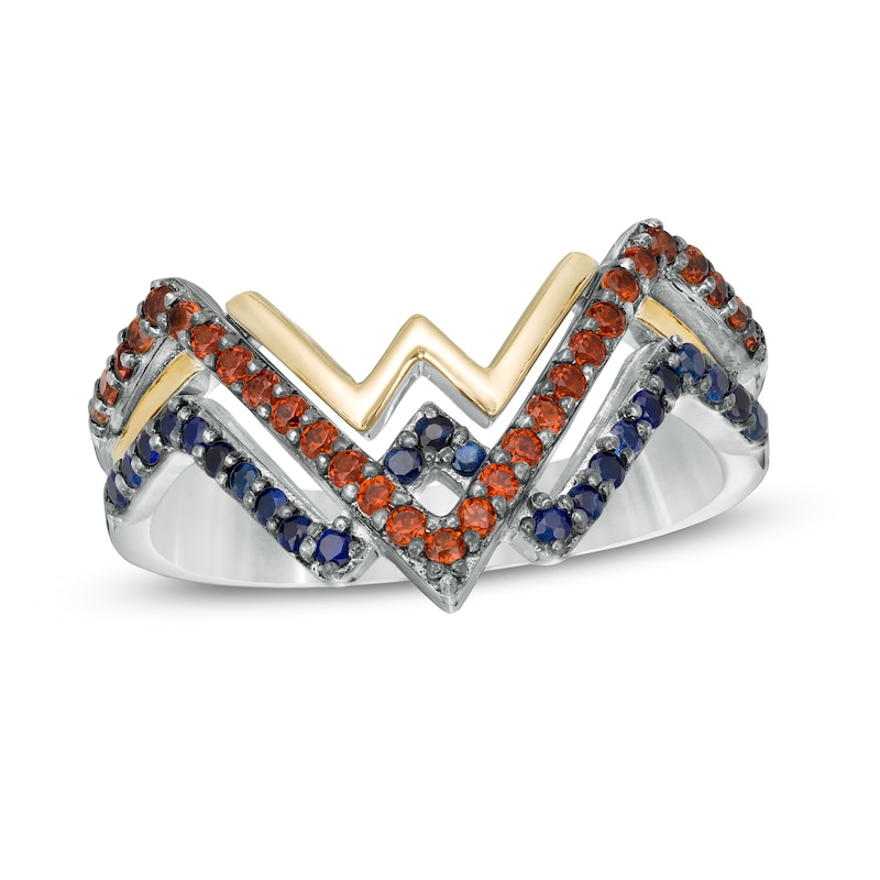 Main Image 1 of Wonder Woman™ Collection Garnet and Blue Sapphire Symbol Ring in Sterling Silver and 10K Gold