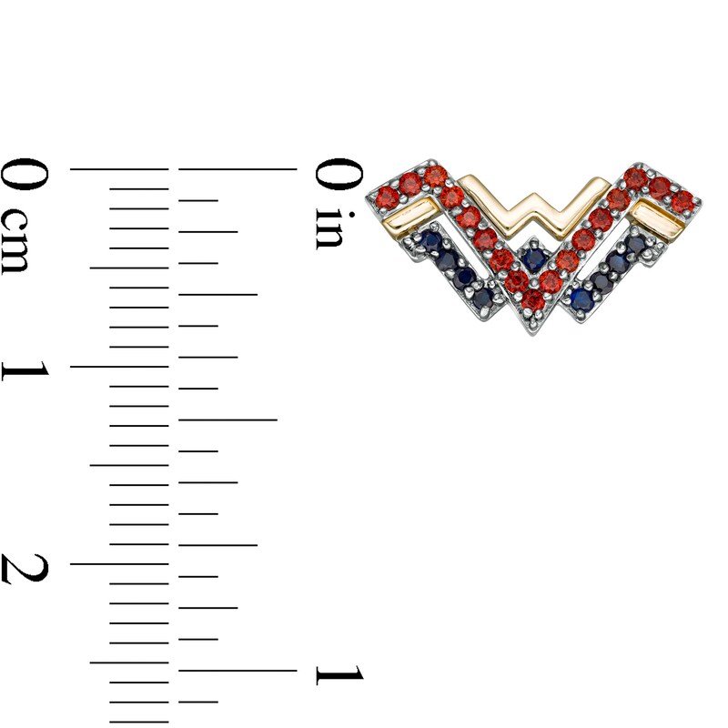 Wonder Woman™ Collection Garnet and Blue Sapphire Symbol Stud Earrings in Sterling Silver and 10K Gold